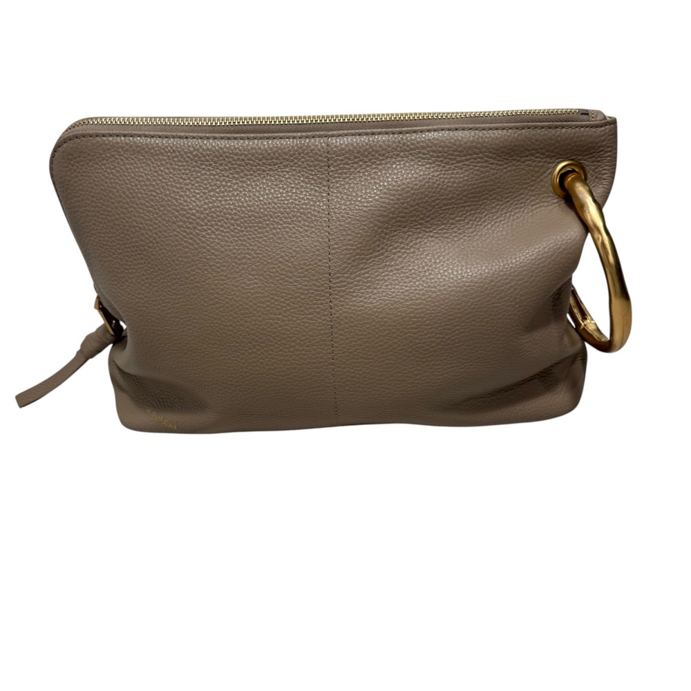 Alf the Label Leather Clutch Bag Grande Taupe Pebbled Gold Ring Ripple Carabiner